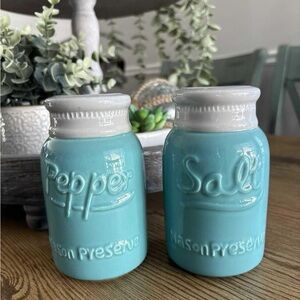 Ceramic Mason Jar Salt & Pepper Shakers Blue